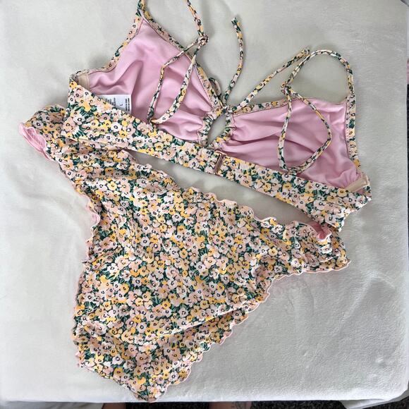 Shade & Shore Floral Bikini Set Pink Yellow Daisy Print Size L Swimwear - Picture 3 of 4